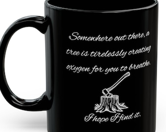 Funny Insult White Pine Tree Silhouette Mug | Black Ceramic Coffee Cup