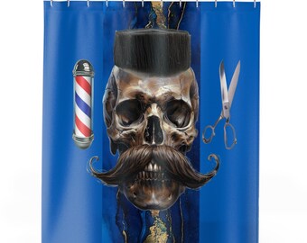 Mustached Barber Skull Shower Curtain with Barber Pole and Scissors Barber Themed Home Decor Blue Curtain for Royal T Barber