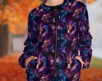 Bluza damska z kapturem i nadrukiem smoka, bluza z kapturem zapinana na zamek w stylu azjatyckim, kurtka z motywem smoka, odzież wierzchnia w orientalnym stylu, wyjątkowa bluza z kapturem zapinana na zamek