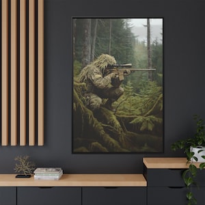 Military Sniper in Ghillie Suit Oil Painting Canvas Print, Marine Scout Sniper Wall Art, Death From Afar, Mountain Forest Sniper Painting
