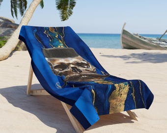 Mustache Skull Beach Towel with Blue Marble and Gold Accents