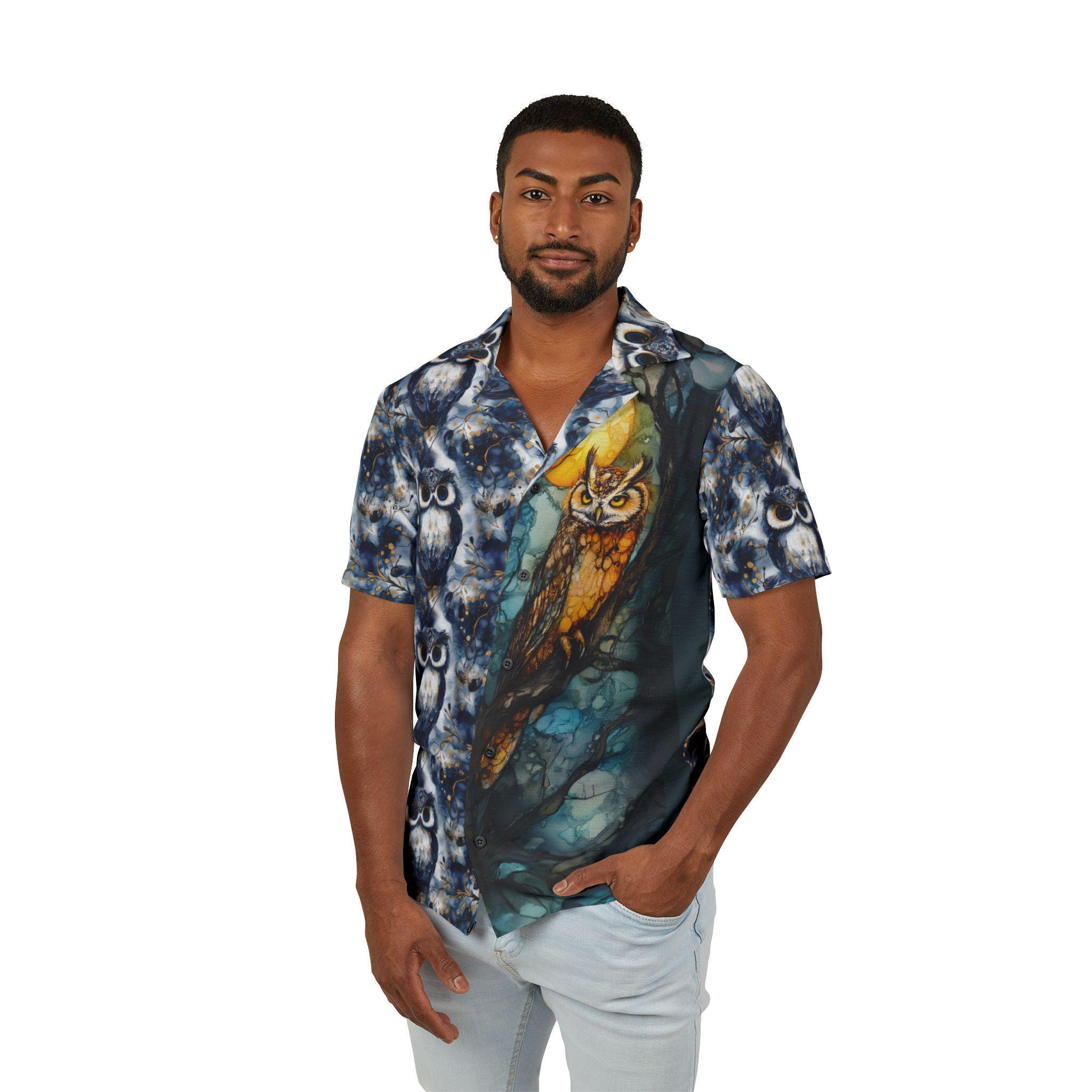 Whimsical Owl Hawaiian Camp Shirt, Vibrant Beachwear, Summer Fashion, Gift for Nature Lovers, Casual