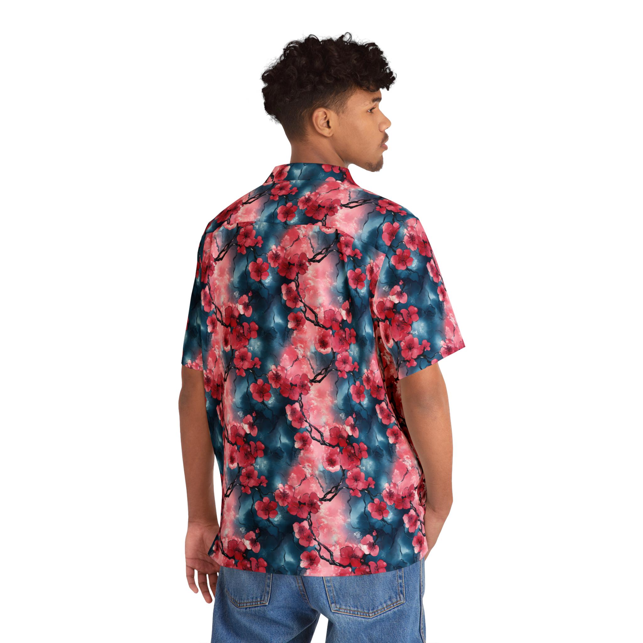 Men's Hawaiian Shirt, Japanese Floral Cherry Blossom Pagoda Design