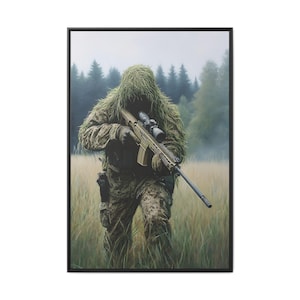 Military Sniper in Ghillie Suit Wall Art, Marine Scout Sniper Oil Painting Canvas Print, Stalking Sniper, Death From Afar, Sniper Painting