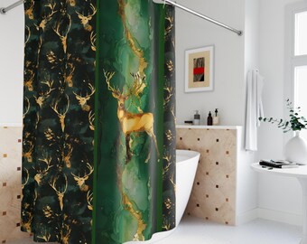 Green Gold Deer Shower Curtain, Majestic Stag Pattern, Woodland Bathroom Decor