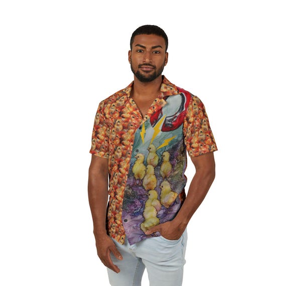 chicken dress shirt Wukai Roosters and Chickens Men's Casual Short-Sleeve Button Down Shirt - Lightweight Summer Dress Shirt for Daily Wear-4X-Large