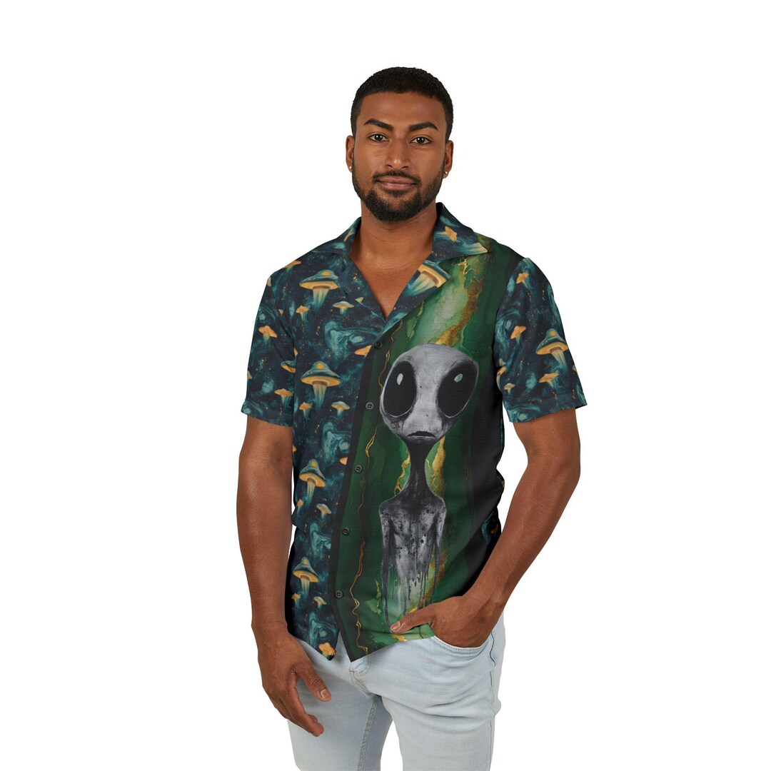 Alien ET UFO Hawaiian Camp Shirt, Flying Saucers and Alien Gray ...