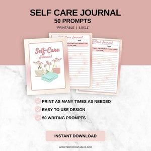 Printable Self Care Journal With 50 Writing Prompts | 52 Page Self Love Journal | Mental Health Journal | Instant Download | 8.5x11 PDF