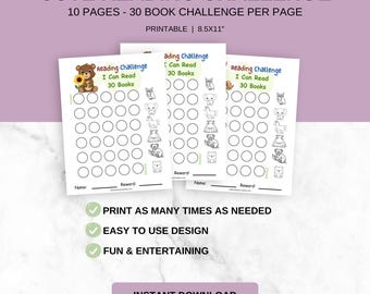 Printable Kid's Cute Animal 30 Book Reading Challenge | Cute Reading Reward Chart | Book Tracker | Instant Download | 8.5x11 PDF |