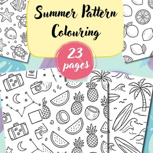 Summer Pattern Coloring Pages, 23 Printable Adult Coloring Sheets, Tropical Fruit Beach Ocean Pattern Book PDF, Instant Download
