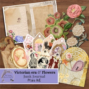 Può includere: Un mini kit per junk journal con carta effimera a tema vittoriano e floreale, che include etichette decorative, ritratti a cammeo, illustrazioni di fiori, buste in stile vintage e sfondi in pergamena testurizzata con vari motivi.