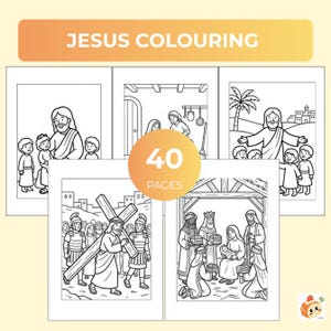 Può includere: Una raccolta di 40 pagine da colorare su Gesù con illustrazioni in bianco e nero. Le pagine raffigurano varie scene bibliche, tra cui Gesù con i bambini, una scena della natività e Gesù che porta una croce, il tutto in un formato chiaro e stampabile.