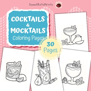 Può includere: Una collezione digitale di 30 pagine da colorare intitolata Cocktails & Mocktails Coloring Pages di SweetRollsPrints. Le pagine presentano illustrazioni in bianco e nero di varie bevande, inclusi bicchieri con guarnizioni di frutta come lime, pera e bacche.