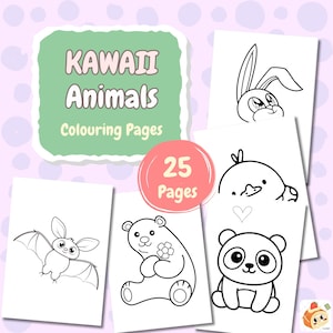 Può includere: Una raccolta di 25 pagine da colorare stampabili con disegni al tratto in bianco e nero di animali. Un'etichetta quadrata verde mostra il testo KAWAII Animals Colouring Pages e un cerchio rosa evidenzia il testo 25 Pages in bianco.