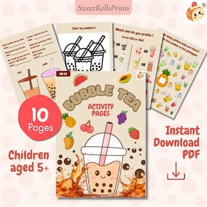Bubble Tea Activity Pages for Kids, 10 Printable Boba Tea Worksheets, Color by Number, Maze Matching , Instant Download PDF Age 5+