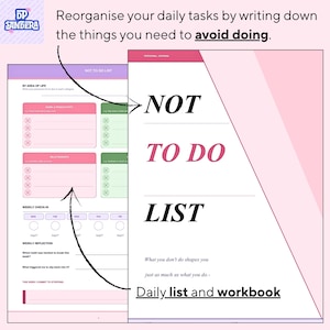 Può includere: Un elenco e un quaderno di lavoro giornaliero rosa e bianco. Il testo sulla pagina recita "NOT TO DO LIST" a grandi lettere. Il quaderno di lavoro include sezioni per controlli e riflessioni settimanali, con il testo "Riorganizza le tue attività quotidiane scrivendo le cose che devi evitare di fare".