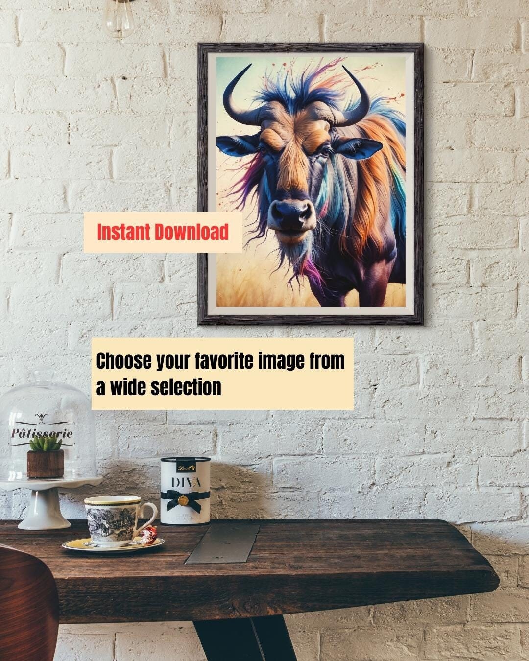 Realistic Wildebeest Poster on Watercolor Background Modern Animal ...