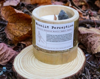 May include: A bamboo candle with a natural wood wick and a crystal top. The candle is labeled "Moonlit Perception Serenity Enchanted Moonlit Bamboo Candle".