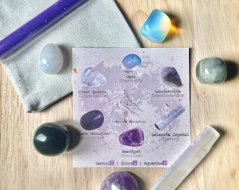 Zodiac Crystal Kit Starter Pack for Birthday Gift Bundle Premium Crystal Healing Protection Packs 7pc Beginners with Candle Manifestation