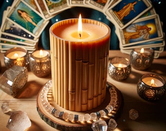 May include: A bamboo candle with a warm, golden glow sits on a wooden surface surrounded by tarot cards, crystals, and small candles. The candle is decorated with a clear crystal necklace.
