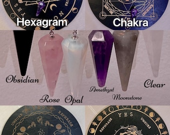 Natural Crystal Pendulum Board Set Amethyst Rose Quartz Obsidian Moonstone Labradorite for Dowsing Divination Tools and Holiday Gift Idea