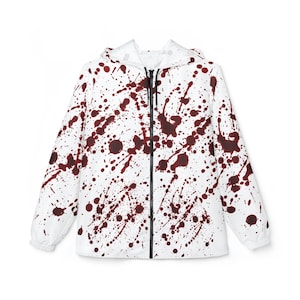 May include: White hooded jacket with a full-length black zipper and a pattern of dark red splatters. The jacket has a hood and long sleeves. The overall design gives a Halloween or horror theme.