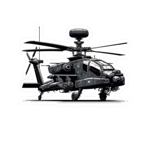 May include: A sticker featuring a detailed illustration of a military helicopter in shades of gray and black. The helicopter has a complex design with visible rotors, weapons, and landing gear, set against a white background.