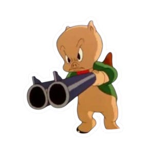 Pegatinas troqueladas divertidas de Porky el cerdo con escopeta, calcomanía de Looney Tunes, calcomanía para computadora portátil con dibujos animados, personaje de dibujos animados divertido, agujeros de bala