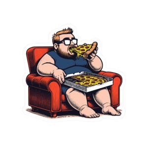 Funny Fat Guy Eating Pizza Kiss-Cut Sticker - Humorous Food Lover Decal