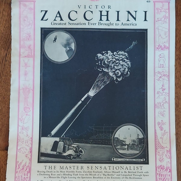 Vintage Circus Poster - Human Cannonball Zacchini Barnes Carruthers