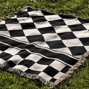 Black And White Checkered Woven Throw Blanket, Cotton Throw Blanket, Gift For Him or Her, Retro Print Blanket, Picnic Blanket, Fringe