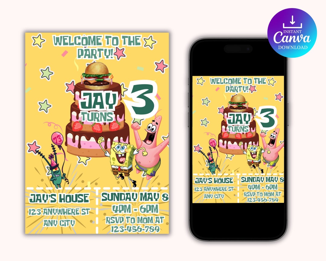 Editable Spongebob Birthday Invitation Template Printable Etsy