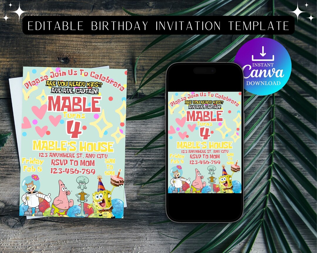 Editable Spongebob Birthday Invitation Template Printable Etsy