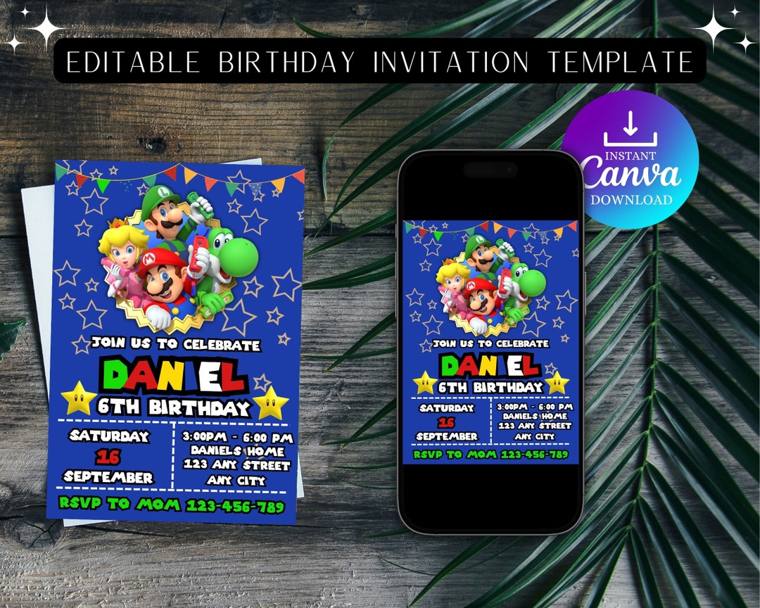 Editable Super Mario Birthday Invitation Template, Mario Birthday