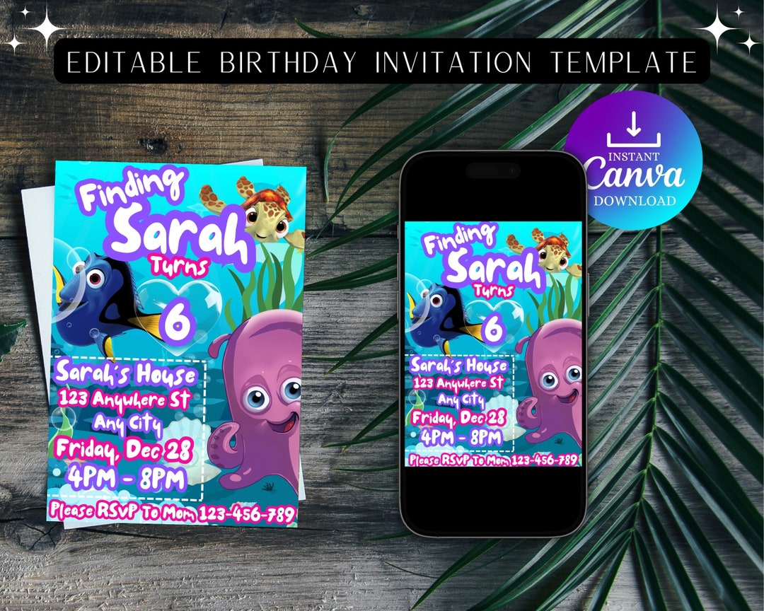 Editable Finding Dory Birthday Invitation Template, Digital Kids Party ...