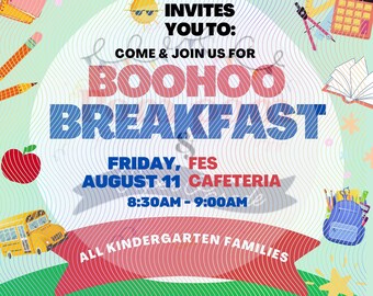 DIGITALE PTO/PTA Kindergarten Boohoo Ontbijt, socialmediapost op school, e-mail naar school