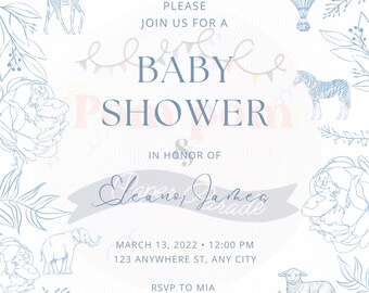 DIGITALE moderne roze of blauwe babyshoweruitnodigingen met dierenthema, pdf, CANVA