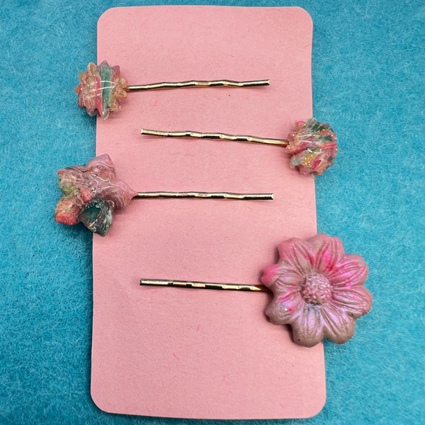 Floral shiny bright pink flowers blue yellow gold bobby pin floral hairclip unique design hairclip multipack handmade artisan OOAK creations