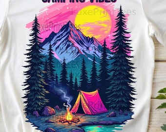 Camping Vibes PNG, Retro Campfire Sublimation, Tent Camper Clipart, Hiking Shirt Design, Summer Camping PNG Download