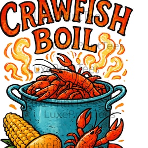 Pode incluir: Uma ilustração de desenho animado de uma panela de fervura de lagostim com milho na espiga, salsicha e batatas. O texto "Crawfish Boil" está escrito em uma fonte estilizada acima da panela.