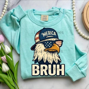 以下が含まれることがあります： サングラスと「'Merica」の文字が入った帽子をかぶった漫画のワシが描かれた、水色の長袖シャツ。「BRUH」の文字が下にプリントされています。このシャツはクルーネックで、袖口はリブ編みです。