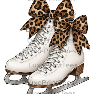 May include: White ice skates with a leopard print bow on top. The skates have white laces and brown blades.