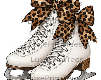Patines de hielo PNG, Patines de hielo con lazo de leopardo, Patinaje de invierno PNG, Descarga digital de patines de hielo navideños, Diseño de sublimación de patinaje artístico