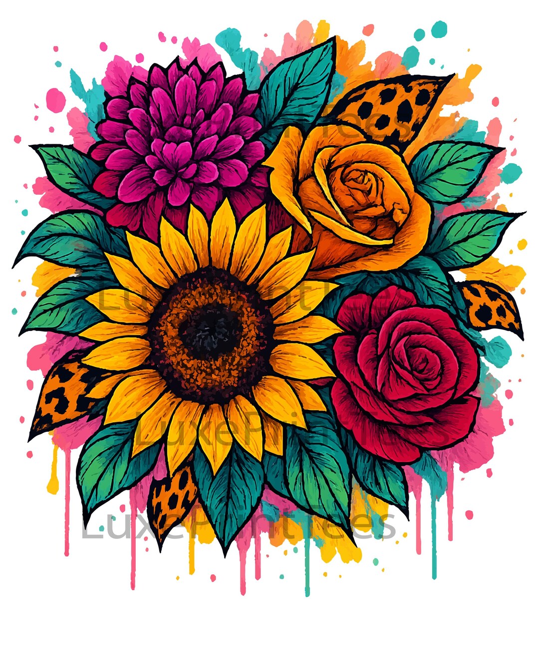 Sunflower Watercolor PNG: Leopard Print Floral Bouquet (digital ...