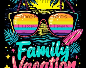 家族旅行2026 PNG、トロピカルサングラスの夏旅行グラフィック、昇華転写用カラフルな休暇PNG、家族旅行お揃いシャツ