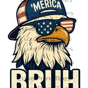 以下が含まれることがあります： 星条旗柄のサングラスをかけ、「MERICA」の文字が入った青いキャップをかぶったワシのグラフィックイラスト。下には「BRUH」の文字。ワシは黄色のくちばしと白と青の羽を持っている。