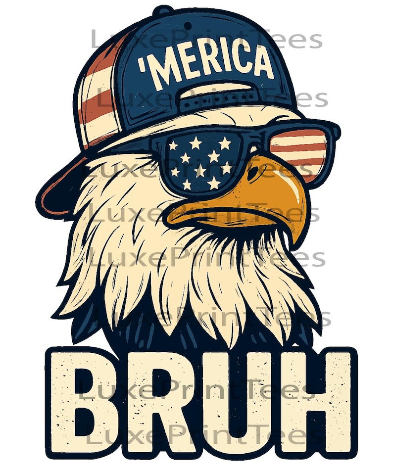 以下が含まれることがあります： 星条旗柄のサングラスをかけ、「MERICA」の文字が入った青いキャップをかぶったワシのグラフィックイラスト。下には「BRUH」の文字。ワシは黄色のくちばしと白と青の羽を持っている。