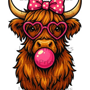 Highland Cow Bubblegum PNG | Cute Highland Cow PNG | Pink Bow Heart Glasses | Scottish Cow Png Sublimation | Funny Retro Cow PNG