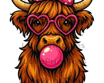 Highland Cow Bubblegum PNG | Cute Highland Cow PNG | Pink Bow Heart Glasses | Scottish Cow Png Sublimation | Funny Retro Cow PNG