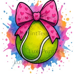 Tennis Ball with Pink Bow PNG, Cute Tennis Bow PNG, Watercolor Tennis Ball Sublimation Digital Download PNG, Girly Tennis Digital Download